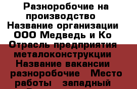Разноробочие на производство  › Название организации ­ ООО Медведь и Ко › Отрасль предприятия ­ металоконструкции › Название вакансии ­ разноробочие › Место работы ­ западный › Возраст от ­ 18 - Ростовская обл., Таганрог г. Работа » Вакансии   